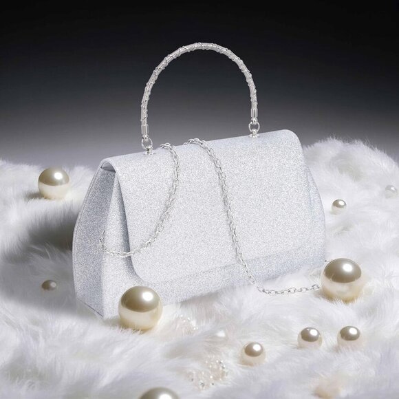 🆕Women’s Silver Glitter Evening Handbag Top Handle Purse w/ Chain Crossbody Bag - Picture 7 of 7